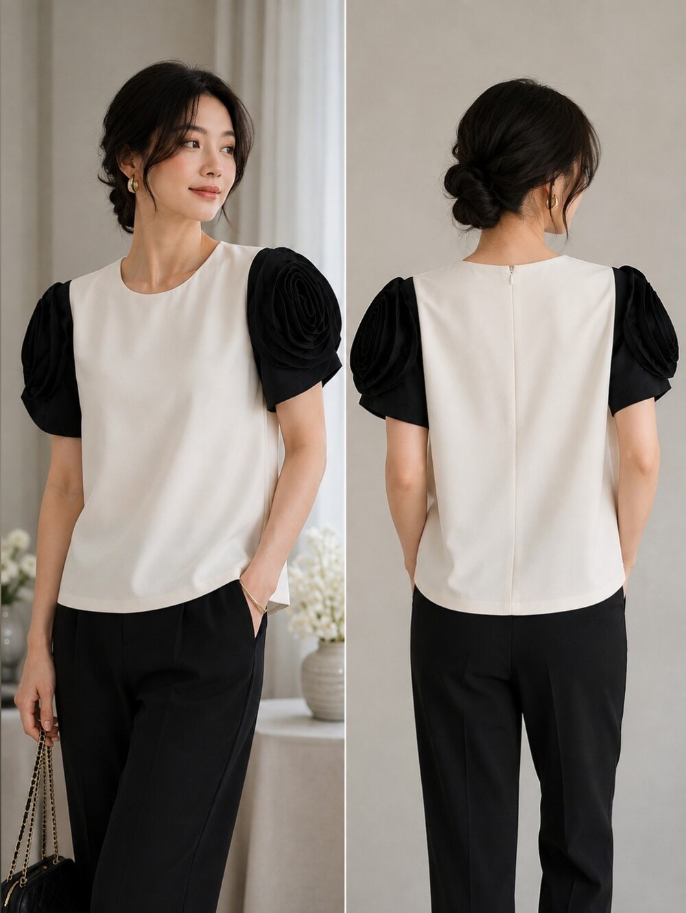 White and Black Rose-Sleeve Crepe Top